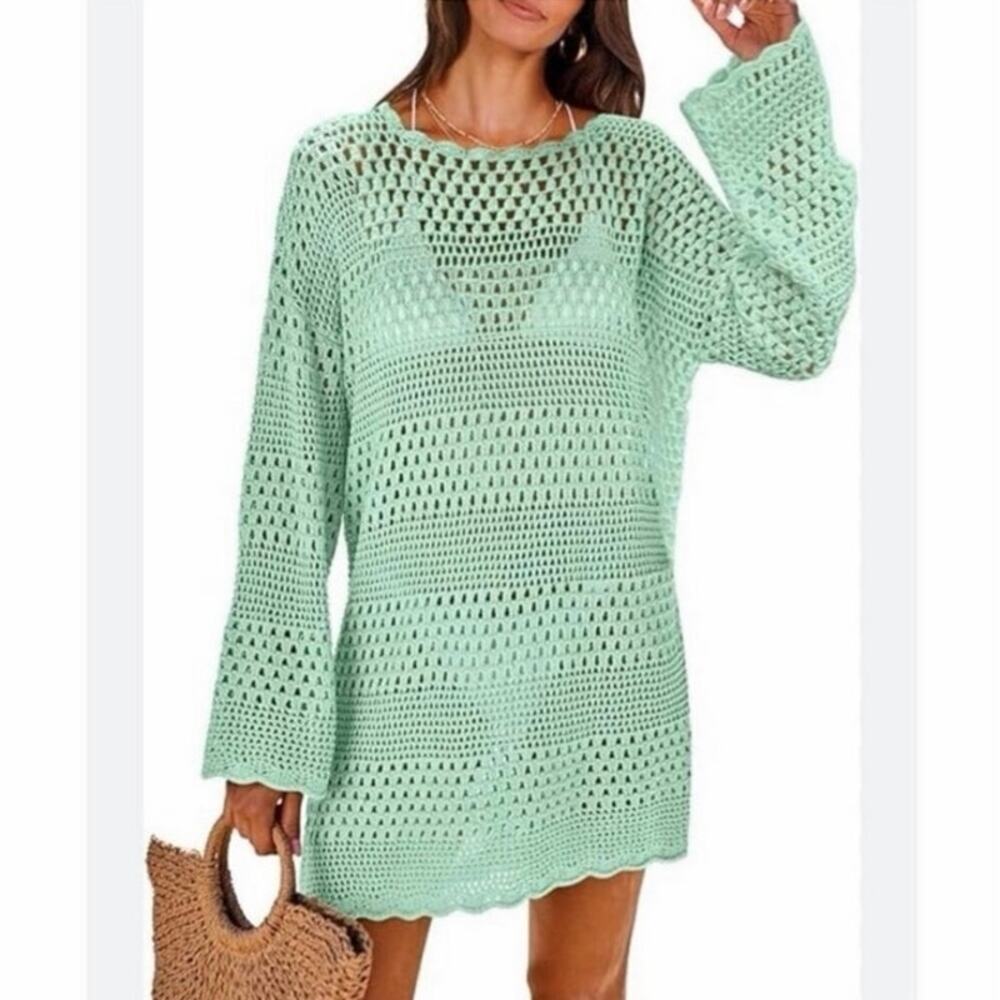 Anrabess Mint Green Crochet Knit Swim Cover Up Sweater Medium
